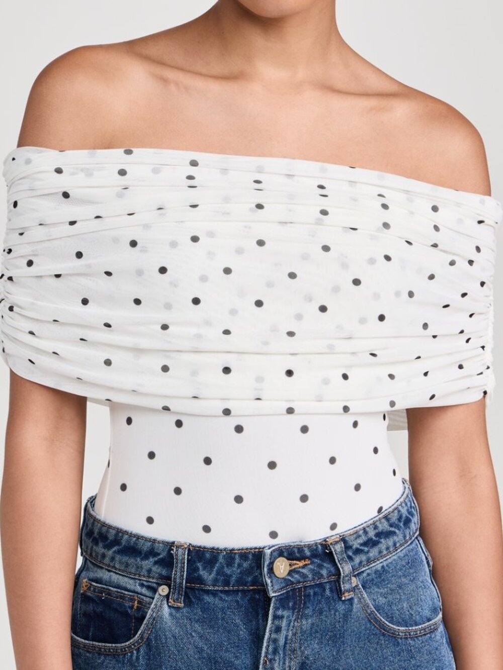 AFRM NWT Divya Thong Black White Polk Dot Mesh Off Shoulder Bodysuit Women's Med - Picture 2 of 11